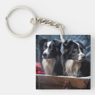 Porte-clefs Border Collie Snowy Sleigh Décoration de Noël