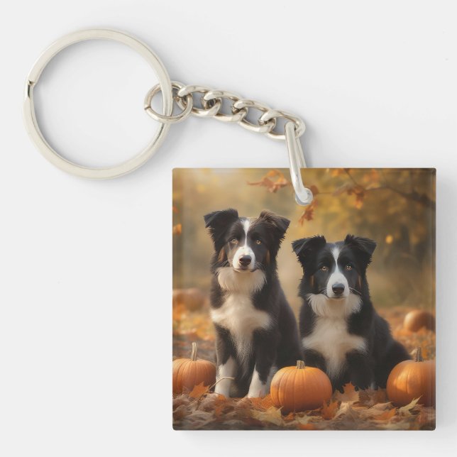 Porte-clefs Bordure Collie Puppy Automne Citrouille de plaisir (Devant)