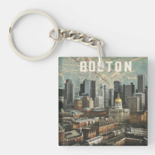 Porte-clefs Boston, Boston Massachusetts City Skyline avec car