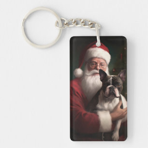Porte-clefs Boston Terrier avec Noël Festif du Père Noël