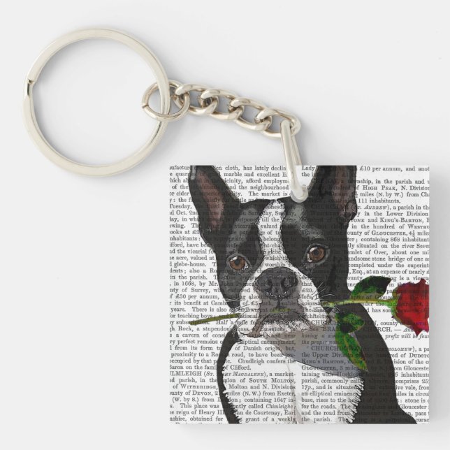 Porte-clefs Boston Terrier avec Rose à la bouche (Devant)