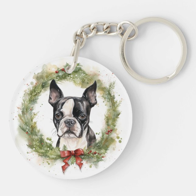 Porte-clefs Boston Terrier Noël Wreath Festive Pup (Dos)
