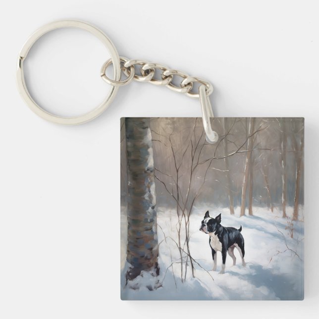 Porte-clefs Boston Terrier Qu'il Neige Noël (Devant)