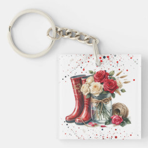 Porte-clefs Bottes et Roses de jardin de campagne