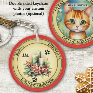 Porte-clefs Bougies mignonnes Chat Noël double face