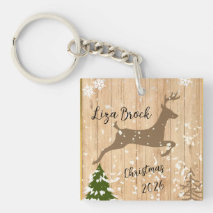Porte-clefs Boule de Noël personnalisée avec faon fond en bois
