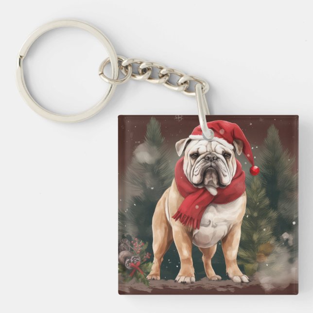 Porte-clefs Bouledogue dans la neige de Noël (Devant)