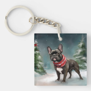 Porte-clefs Bouledogue français dans la neige de Noël