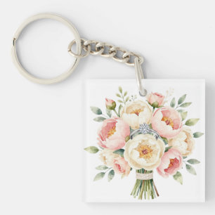 Porte-clefs Bouquet de pivoines romantique avec bague en diama