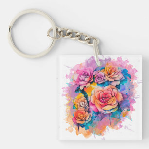 Porte-clefs Bouquet de roses à taches de peinture aquarelle mo