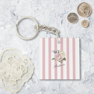Porte-clefs Bouquet de roses rayées rose-chic du pays Monogram