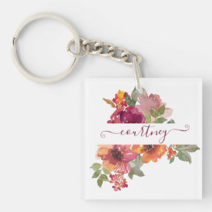 Porte-clefs Bourgogne et floral aquarelle orange personnalisé