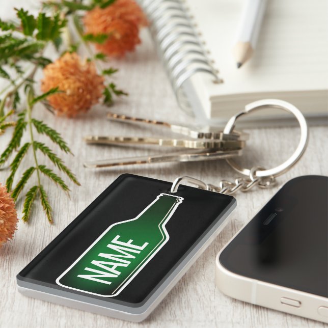 Porte-clefs Bouteille de bière verte personnalisée porte - clé (Devant droit)