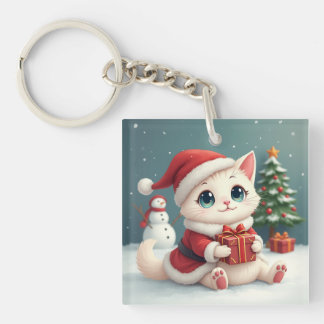 Porte-clefs Bouton blanc de chat de Noël