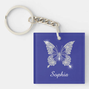 Porte-clefs Bouton Diamant Blanc, Nom du script, Bleu Profond