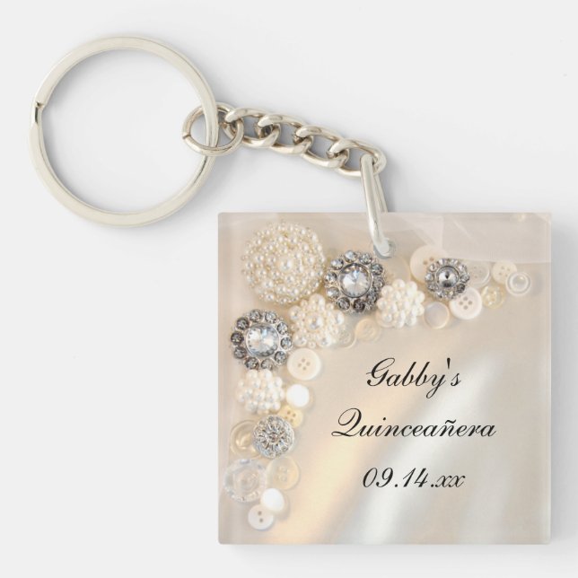 Porte-clefs Boutons blanc perle et diamant Quinceñera (Devant)