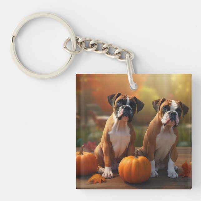 Porte-clefs Boxer Chiot Automne Citrouille de plaisir (Devant)
