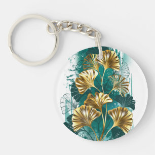Porte-clefs Branche avec Feuilles d'or Ginko Biloba