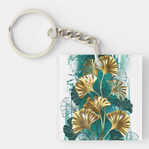 Porte-clefs Branche avec Feuilles d'or Ginko Biloba