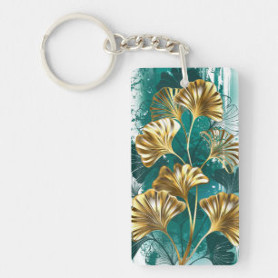 Porte-clefs Branche avec Feuilles d'or Ginko Biloba