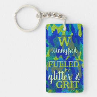 Porte-clefs Bright Blue & Green Camouflage Glitter Camo Name