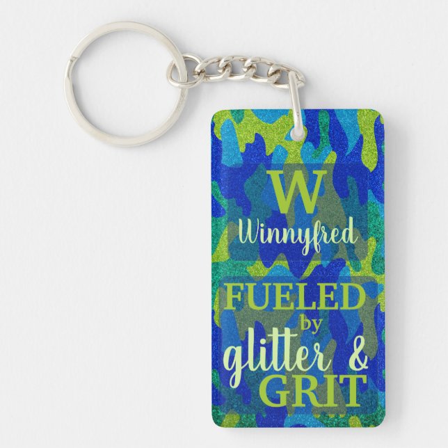 Porte-clefs Bright Blue & Green Camouflage Glitter Camo Name (Devant)
