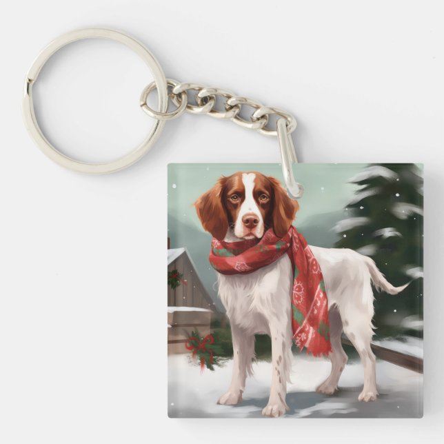 Porte-clefs Brittany Spaniel Dog à Noël de neige (Devant)
