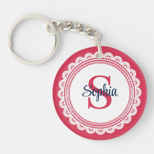 Porte-clefs Broderie Anglaise Blanche Élégante et Initiale Rou