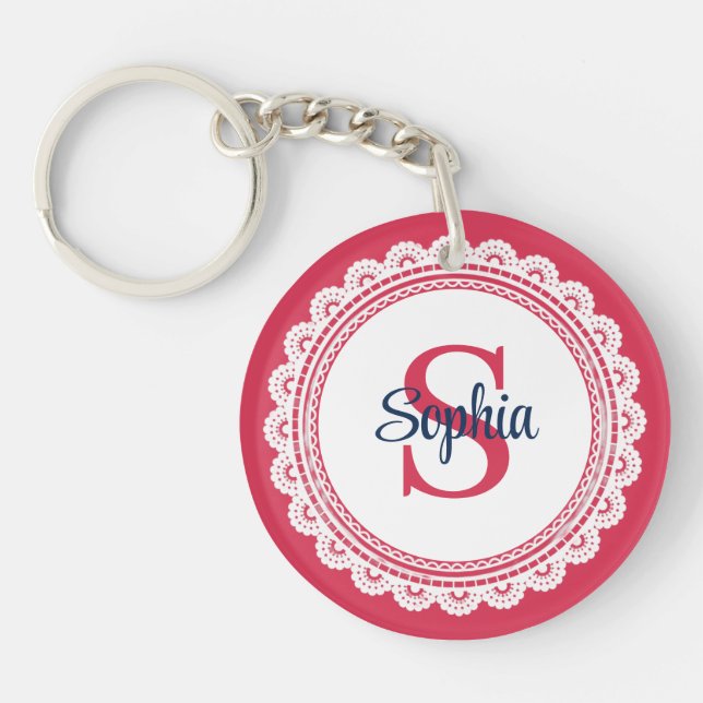 Porte-clefs Broderie Anglaise Blanche Élégante et Initiale Rou (Devant)