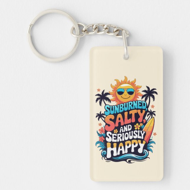 Porte-clefs Brûlé, Salé et Heureux – Vibes Rétro de Plage (Devant)