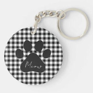 Porte-clefs Buffalo Plaid Empreinte de patte noir blanc Meow c