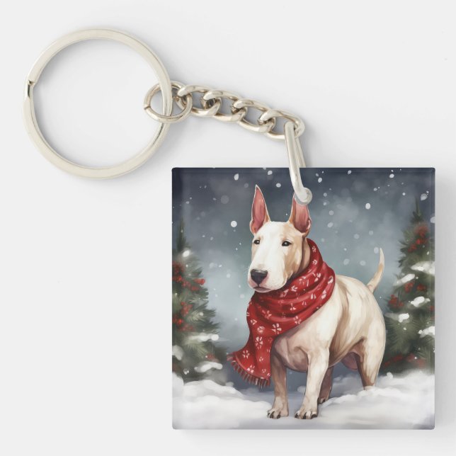 Porte-clefs Bull Terrier dans la neige de Noël (Devant)