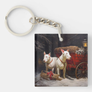 Porte-clefs Bull Terrier enneigé Traîneau Décor de Noël