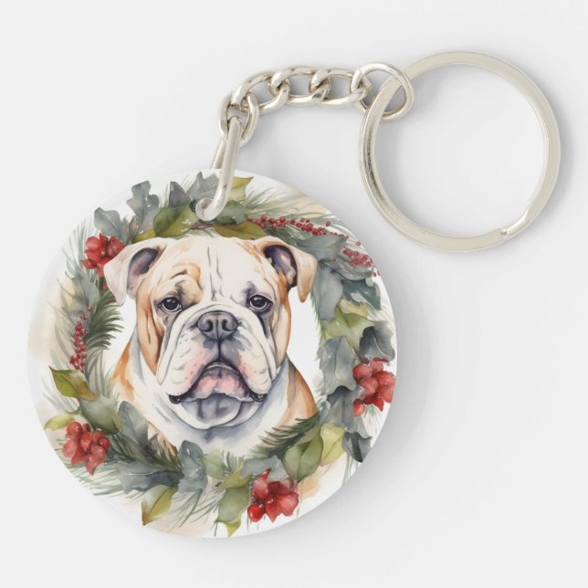 Porte-clefs Bulldog Christmas Wreath Festive Pup (Dos)
