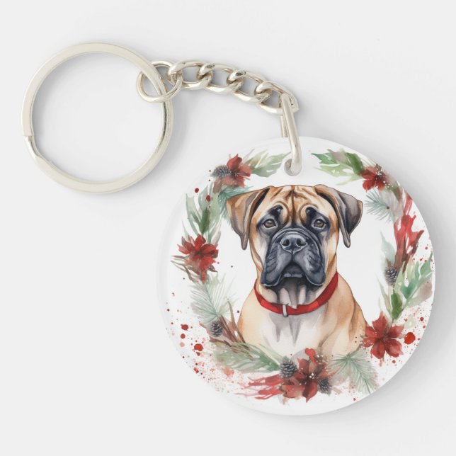 Porte-clefs Bullmastiff Noël Wreath Festive Pup (Devant)