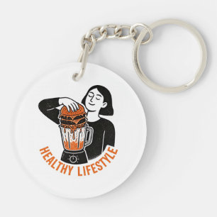 Porte-clefs Burger Blender Linocut Style de vie sain drôle