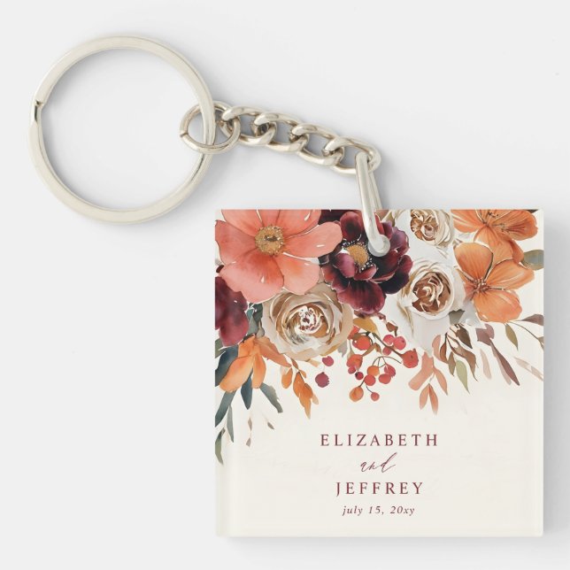 Porte-clefs Burgundy Orange Floral Fall Wedding (Devant)