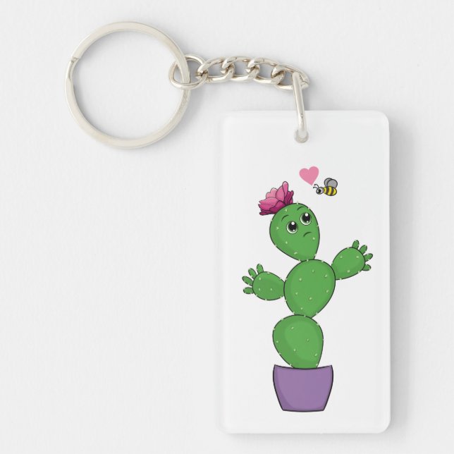 Porte-clefs Cactus de dessin animé avec fleur regardant avec i (Devant)