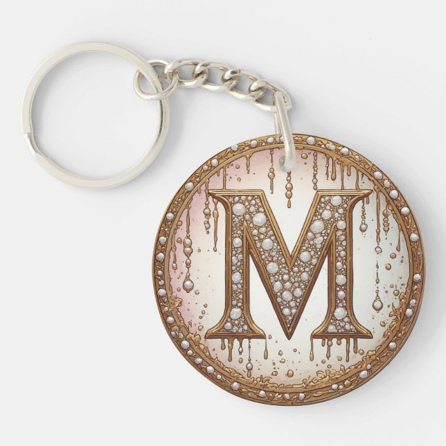 Porte-clefs Cadeau d'anniversaire initiale M perle dorée (Devant)