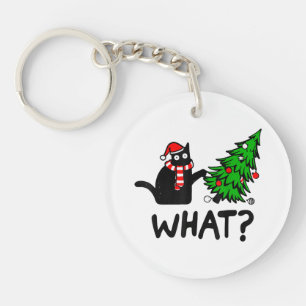 Porte-clefs Cadeau de chat noir drôle poussant l'arbre de Noël