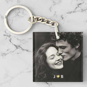 Porte-clefs Cadeau de couple à monogramme cœur avec photo pers