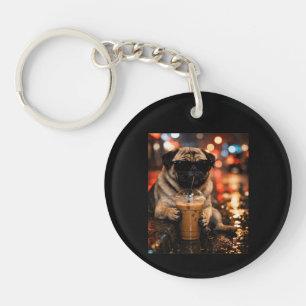 Porte-clefs Cadeau drôle de Pug buvant du café glacé pour amat
