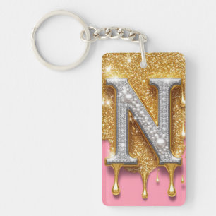 Porte-clefs Cadeau initiale lettre N dorée sur fond diamant ro