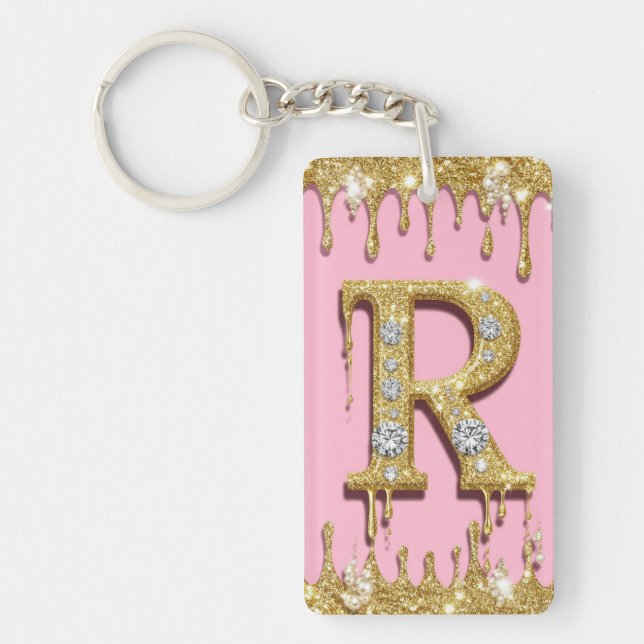 Porte-clefs Cadeau Lettre Initiale R Diamant Or Rose (Devant)
