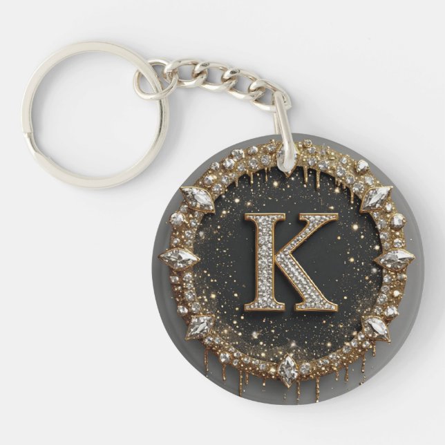 Porte-clefs Cadeau lettre K diamant noir or (Devant)