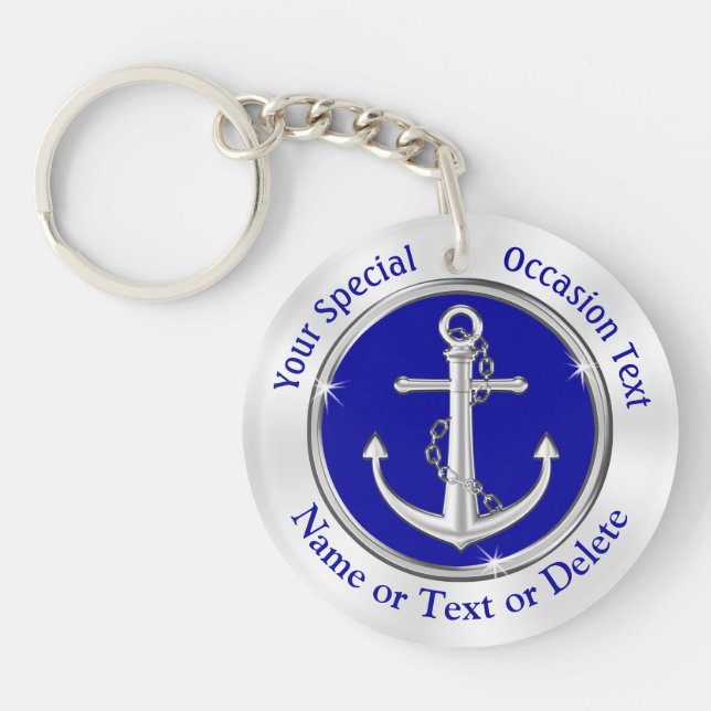 Porte-clefs Cadeaux nautiques personnalisés, Bleu, Blanc, Ancr (Devant)