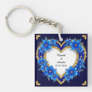 Porte-clefs Cadre de cœur bleu et or élégant