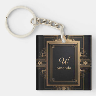 Porte-clefs Cadre doré Art Déco avec nom et initiale personnal