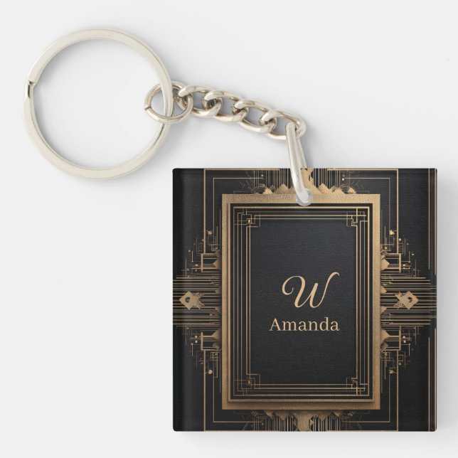 Porte-clefs Cadre doré Art Déco avec nom et initiale personnal (Devant)