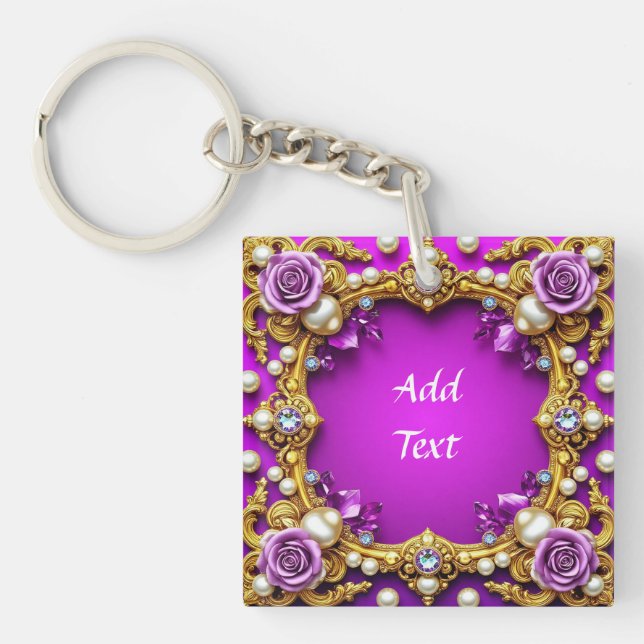 Porte-clefs Cadre doré avec roses et perles élégantes (Devant)